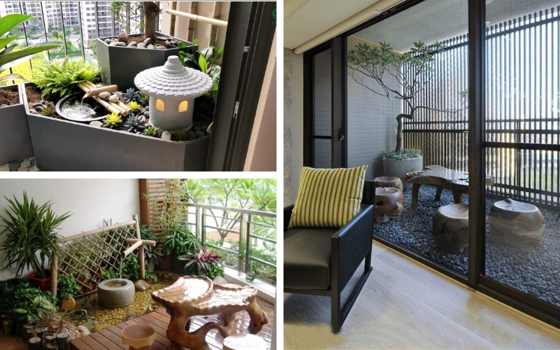 Sử dụng cây bonsai nhỏ sỏi chậu đá đèn lồng chậu nước kiểu Nhật