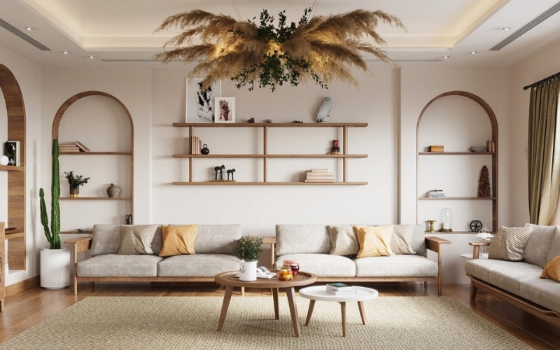 Sofa vải bố màu xám nhạt kết hợp gối tựa họa tiết đơn giản