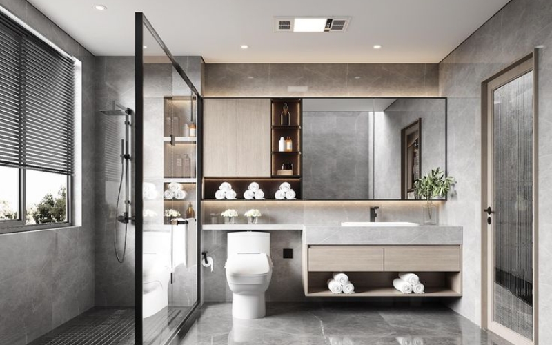 Nhà vệ sinh với thiết bị vệ sinh cao cấp vòi sen kiểu dáng hiện đại