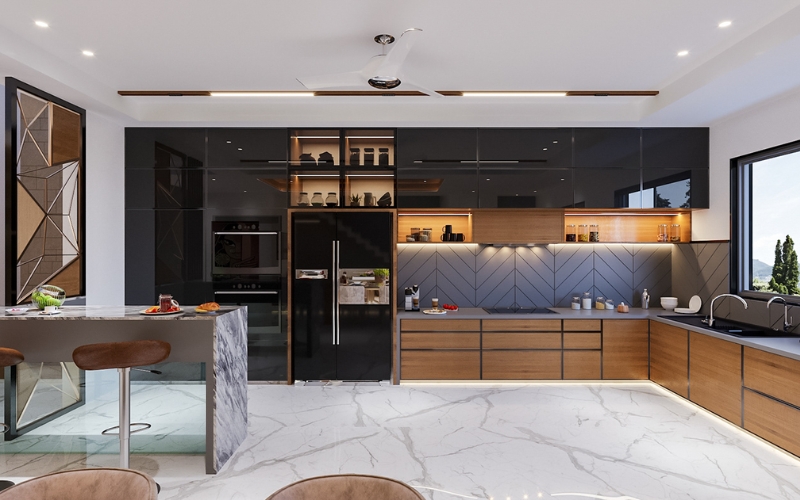 Bếp chữ L tối giản với các thiết bị hiện đại tủ bếp âm tường và mặt bếp bằng đá