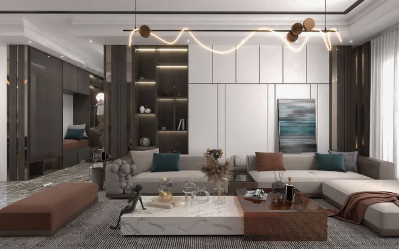 Phòng khách hiện đại với sofa bọc vải mềm mại bàn trà kính trong suốt