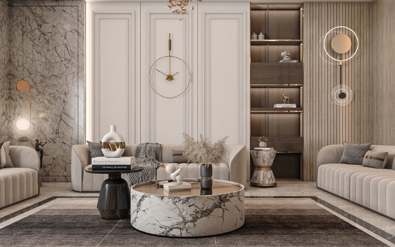 Phòng khách theo phong cách tân cổ điển với bộ ghế sofa thẩm mỹ cao