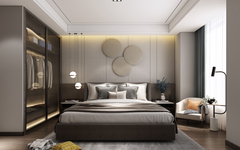 Phòng ngủ hiện đại với giường ngủ bọc vải màu xám