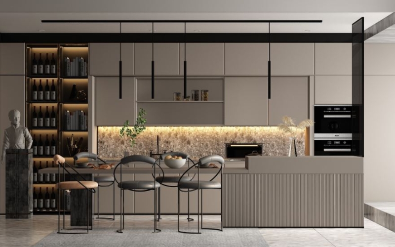 Bếp hiện đại với tường ốp kính cường lực dễ vệ sinh và phản chiếu ánh sáng