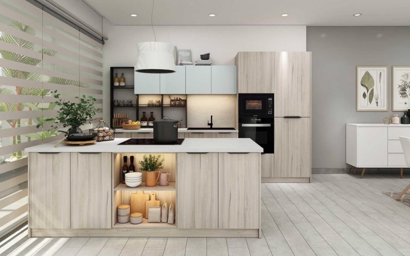 Tủ bếp trên – dưới được bố trí hợp lý đảm bảo công năng sử dụng tối ưu
