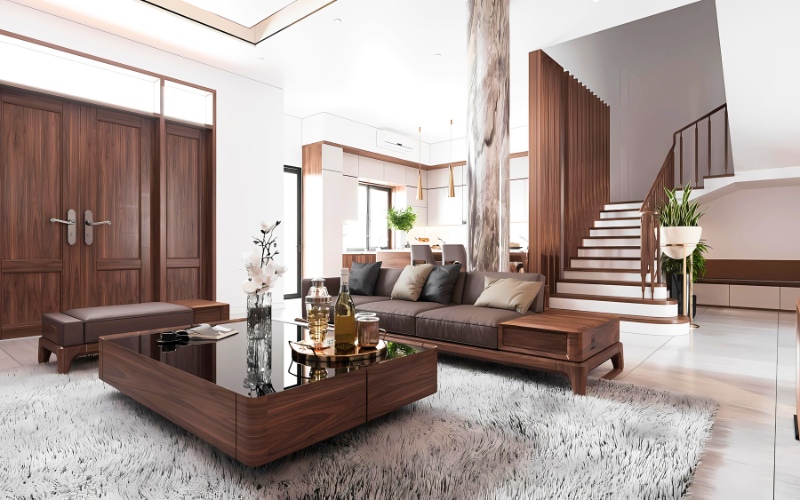 Nội thất phòng khách hiện đại và trang nhã với chất liệu gỗ mộc mạc