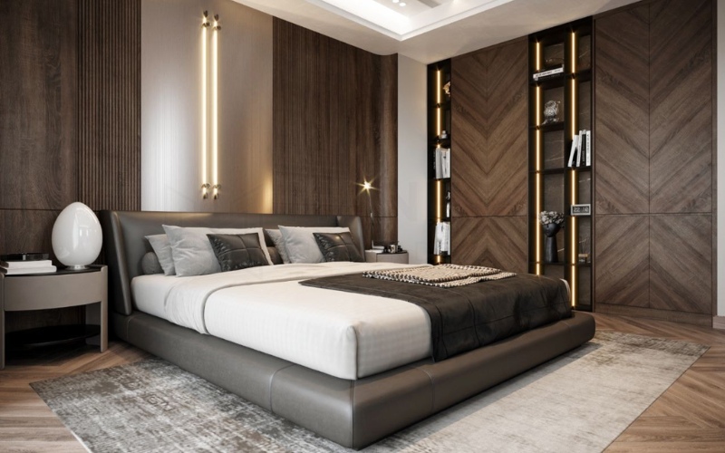 Chất liệu gỗ sẫm màu mang đến vẻ đẹp sang trọng cho phòng ngủ