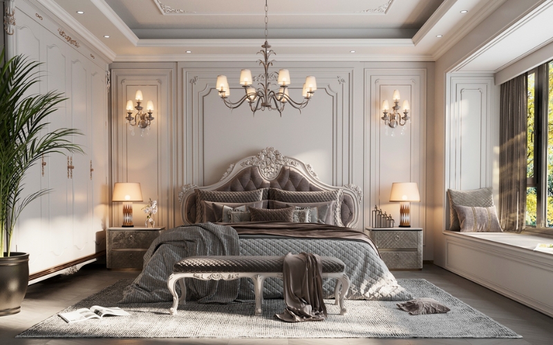 Phòng ngủ chính đậm chất quý phái với giường tân cổ điển gam màu xám