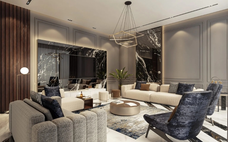 Phòng khách trang nhã với sofa thiết kế góc hiện đại