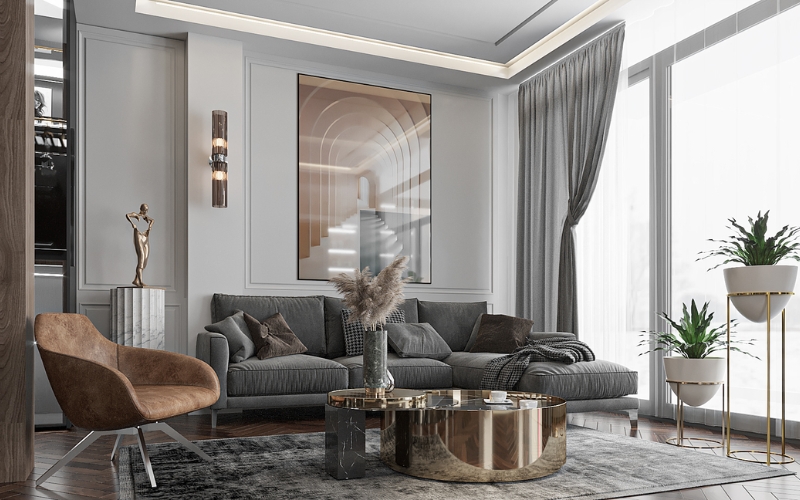 Bức tranh lớn tạo điểm nhấn nghệ thuật cho phòng khách