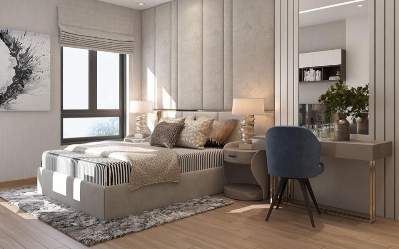 Giường ngủ đặt trung tâm bố trí cân đối hai bên