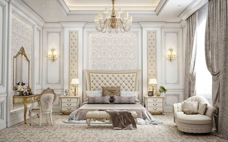 Phòng ngủ master được trang trí với rèm vải dày tông màu trầm ấm