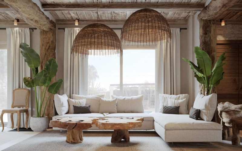 Phòng khách Rustic nổi bật với trần gỗ lộ xà kết hợp bàn trà gỗ mộc