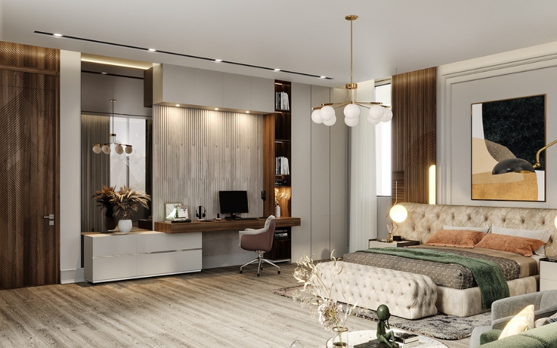 Góc làm việc nhỏ gọn trong phòng master tiện lợi và tinh tế