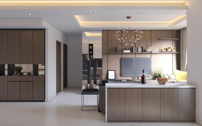 Phòng bếp mở liền kề phòng khách tạo cảm giác rộng rãi và thông thoáng
