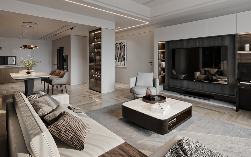 Phòng khách Luxury sử dụng vật liệu đá và da cao cấp tạo vẻ đẳng cấp