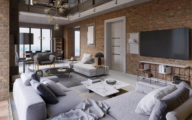 Phòng khách mở với sofa xám và nội thất đồng điệu