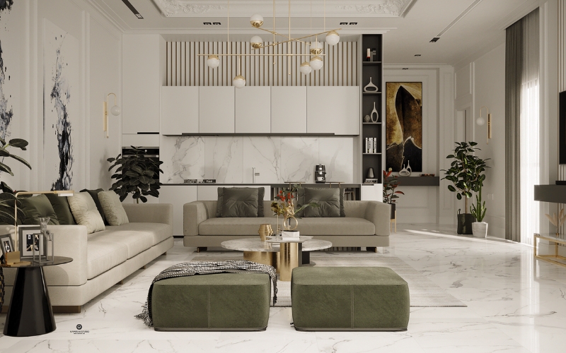 Sofa dáng thấp bàn trà mặt đá và kệ tivi treo tường