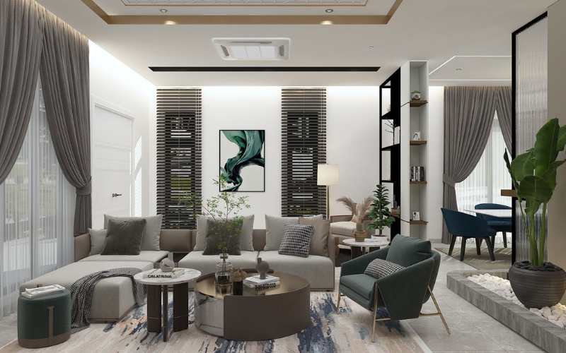 Không gian phòng khách hiện đại với bộ sofa đơn giản