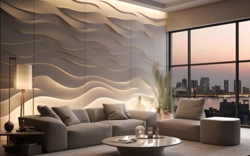 Phòng khách nổi bật với điểm nhấn vách tường vân sóng