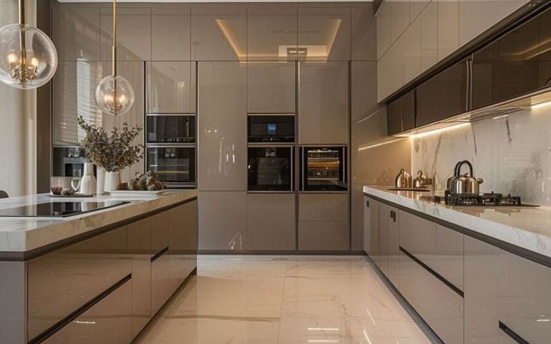 Phòng bếp sang trọng với hệ tủ bóng gương hiện đại và mặt đá vân mây cao cấp