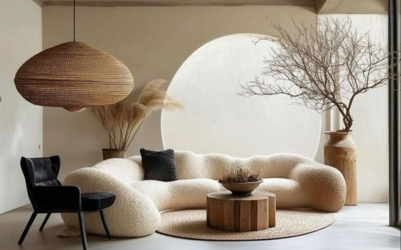 Phòng khách tối giản mang phong cách Wabi Sabi với sofa bo tròn độc đáo