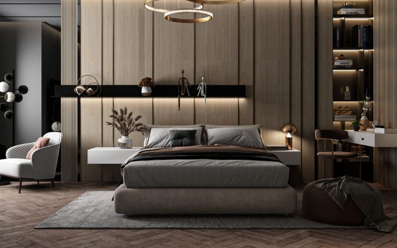 Phòng ngủ hiện đại với tường ốp gỗ và nội thất tinh tế