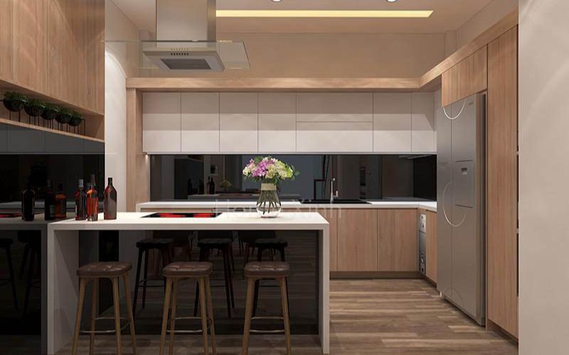 Phòng bếp hiện đại với tủ gỗ sáng màu, đảo bếp tiện nghi