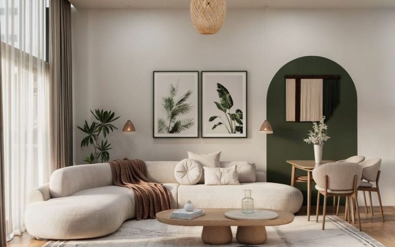 Không gian sống tinh giản với vòm tường xanh olive làm điểm nhấn