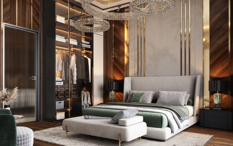 Giường bọc nhung cao cấp kết hợp đèn chùm sang trọng