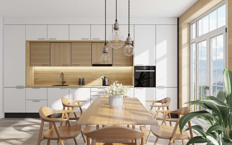 Bếp thông với khu ăn giúp tạo cảm giác rộng và sáng sủa