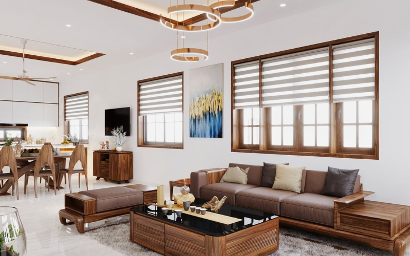 Phòng khách bếp và phòng ăn liên thông không vách ngăn cứng