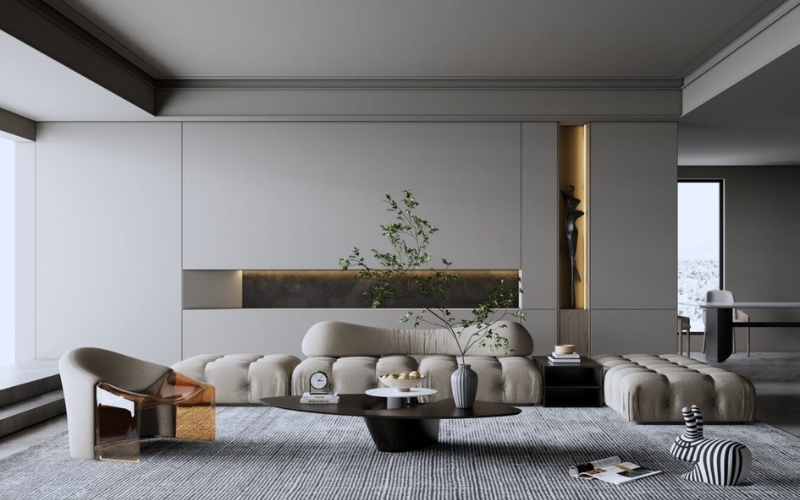 Sofa màu trung tính điểm nhấn gối họa tiết đơn giản