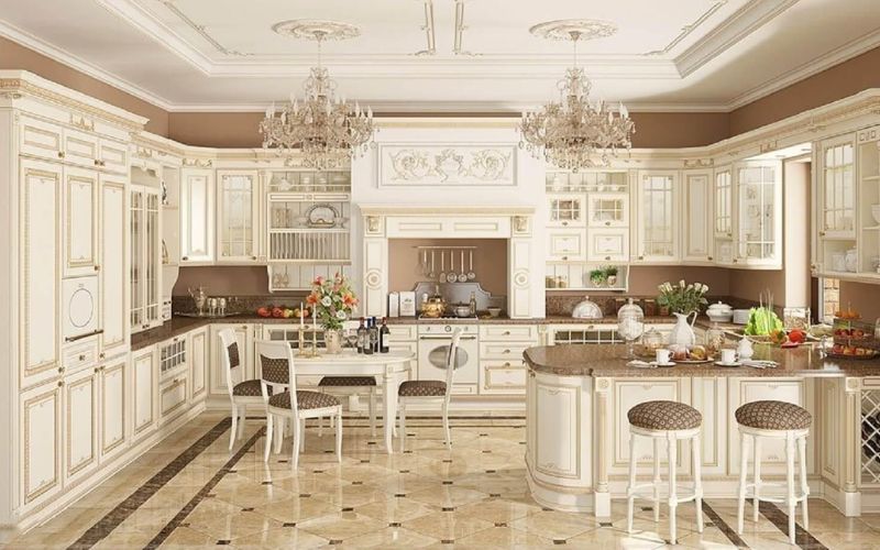 Gian bếp tân cổ điển sang trọng với tông trắng kem