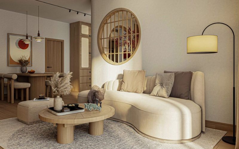 Phòng khách mang phong cách Wabi Sabi với đường nét tối giản