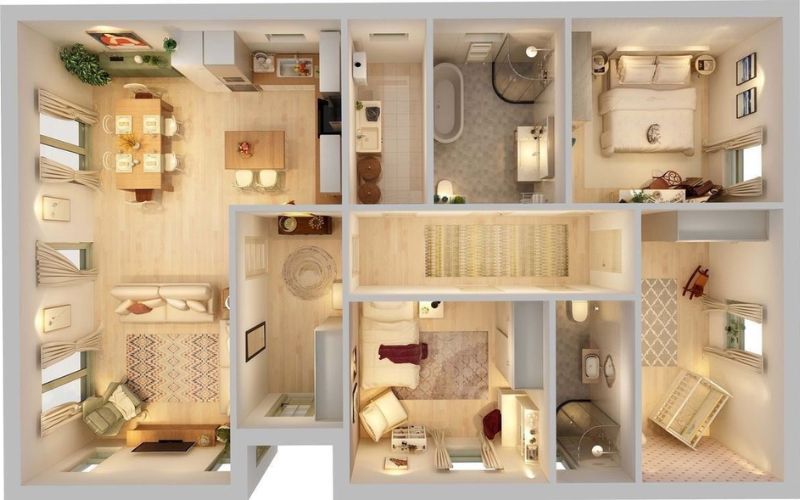 Sơ đồ căn hộ 3 phòng ngủ với không gian sinh hoạt chung rộng rãi và tiện nghi