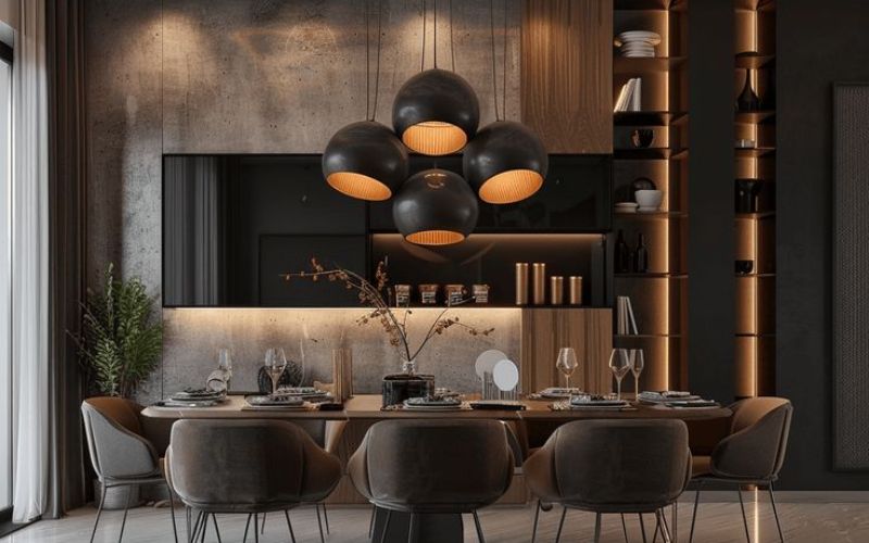 Phòng ăn phong cách Luxury, nổi bật với đèn treo độc đáo