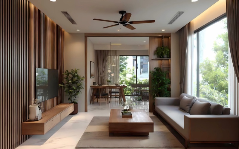 Căn hộ có cửa sổ lớn hướng Nam hoặc Đông Nam nhiều sáng phù hợp với tone nâu đậm