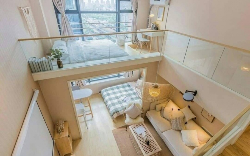 Căn hộ 40m2 có gác lửng được chia thành 2 phòng ngủ