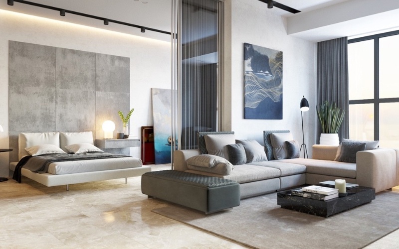 Mẫu thiết kế căn hộ 55m2 1 phòng ngủ với vách ngăn linh hoạt