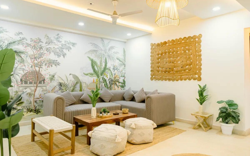 Các họa tiết đậm chất nhiệt đới kết hợp với các chậu cây xanh