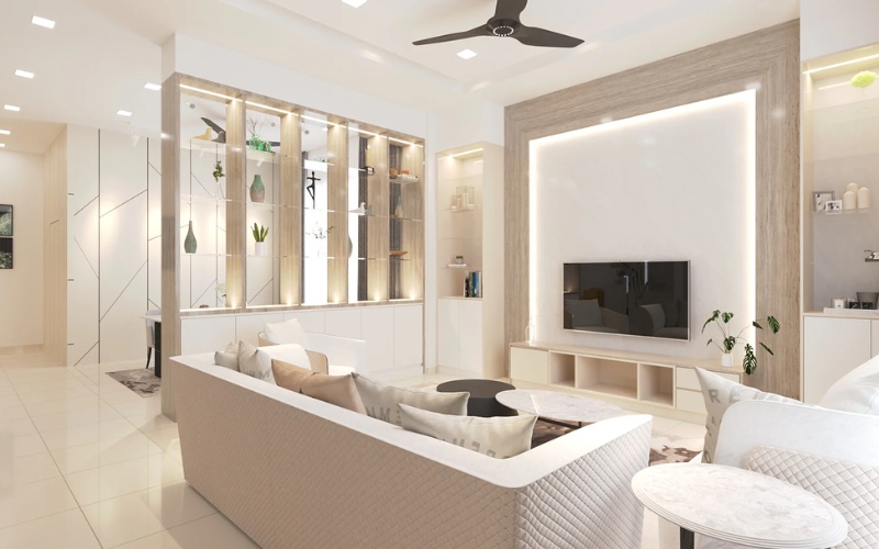 Không gian nội thất ấm áp với ánh sáng vàng từ hệ thống đèn