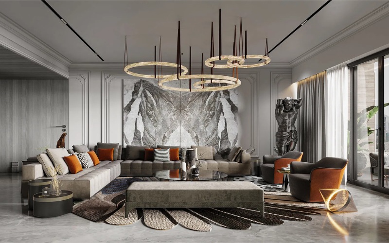 Bố cục nội thất tối ưu thường gồm sofa chữ L hoặc sofa