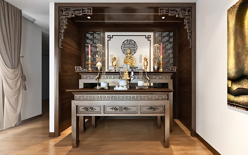 Mẫu thiết kế bàn thờ này giúp gia đình duy trì nét truyền thống thờ cúng tổ tiên trong căn hộ hiện đại