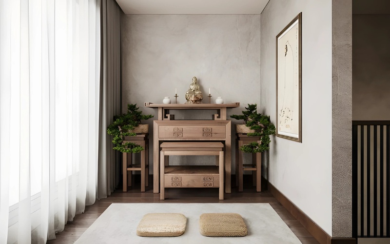 Màu nâu gỗ tự nhiên của tủ thờ làm tôn nên vẻ đẹp trang nhã cho không gian