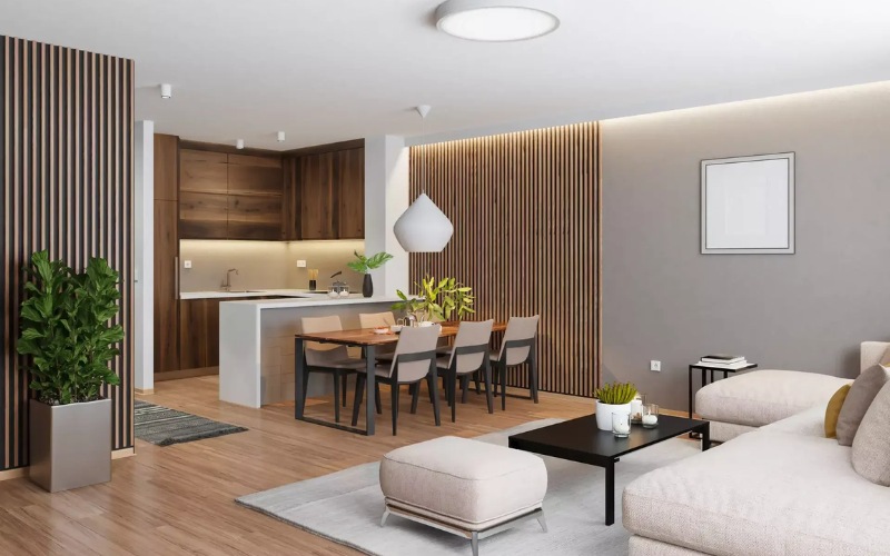 Phòng khách bố trí sofa nhỏ gọn hoặc sofa đa năng giúp tối ưu diện tích