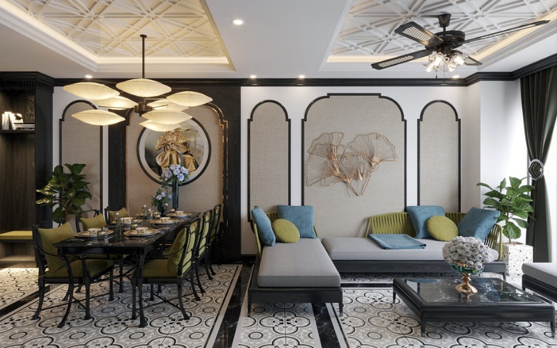 Phong cách Indochine trong căn hộ 77m2 có thể được thể hiện qua nội thất và các vật dụng trang trí