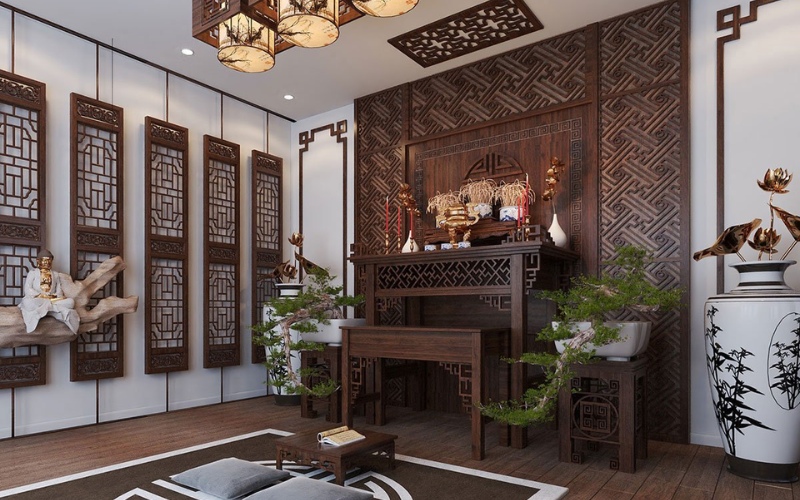 Màu sắc ấm và trang trọng như nâu gỗ, đỏ sậm, vàng nhạt được ưu tiên
