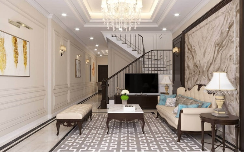 Phong cách tân cổ điển sang trọng, nội thất tinh xảo với đèn chùm và chi tiết mạ vàng đồng