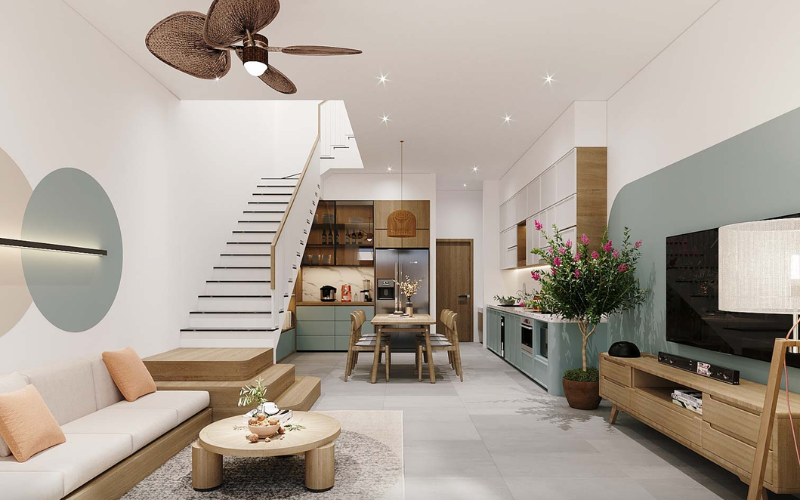 Thiết kế Scandinavian tươi sáng, sử dụng gỗ sáng màu với tone trắng-xanh pastel mang lại cảm giác ấm áp